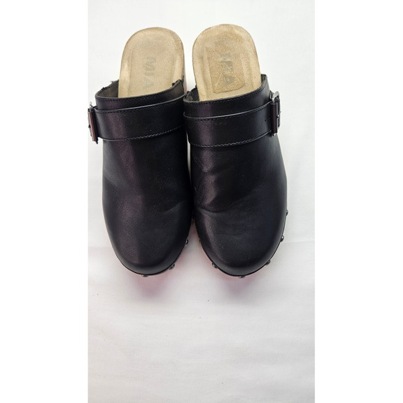 MIA Shoes - MIA Womens Black Leather Studded Platform Clogs Mules Size 7 Wood Heel Buckle